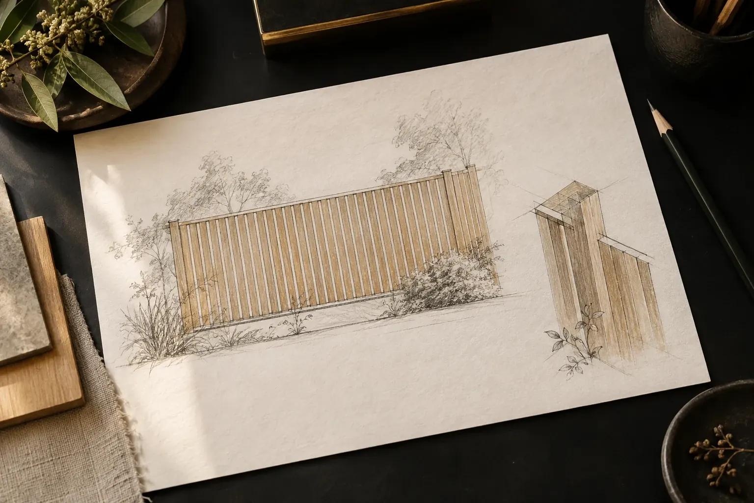 Architectural concept sketch of cedar fencing with subtle timber colour studies