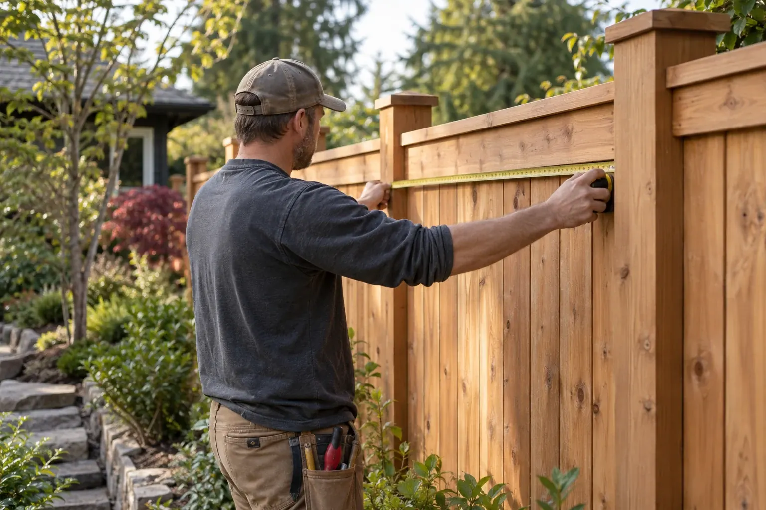 A fencing specialist carefully measuring timber