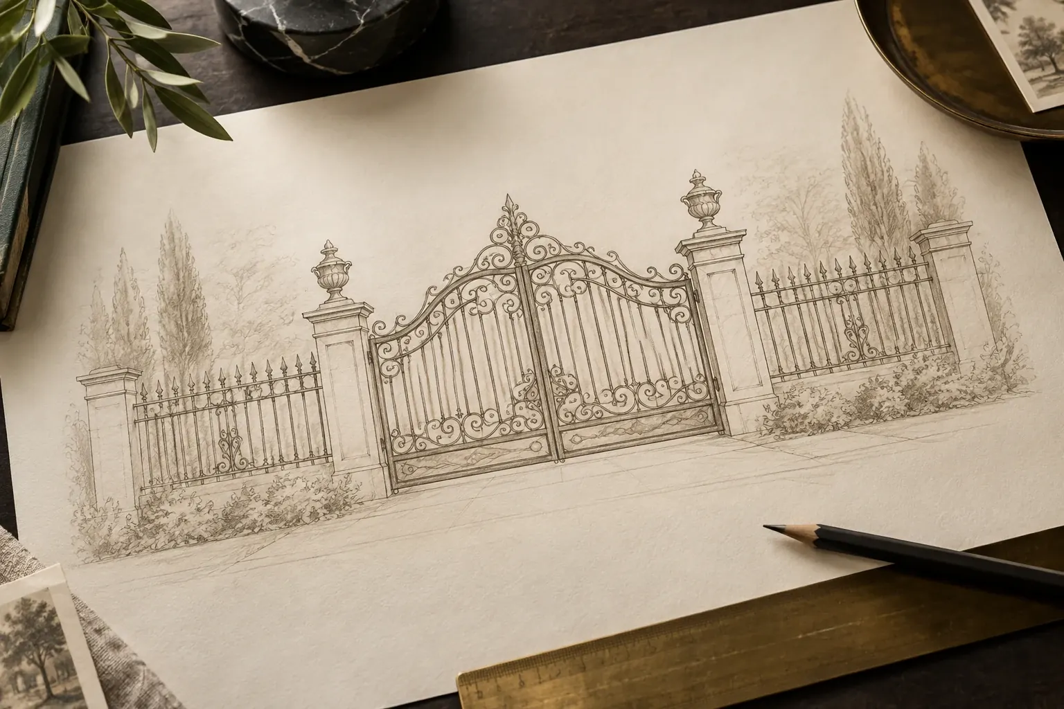 Architectural concept sketch of a traditional wrought iron fence on ivory drafting paper