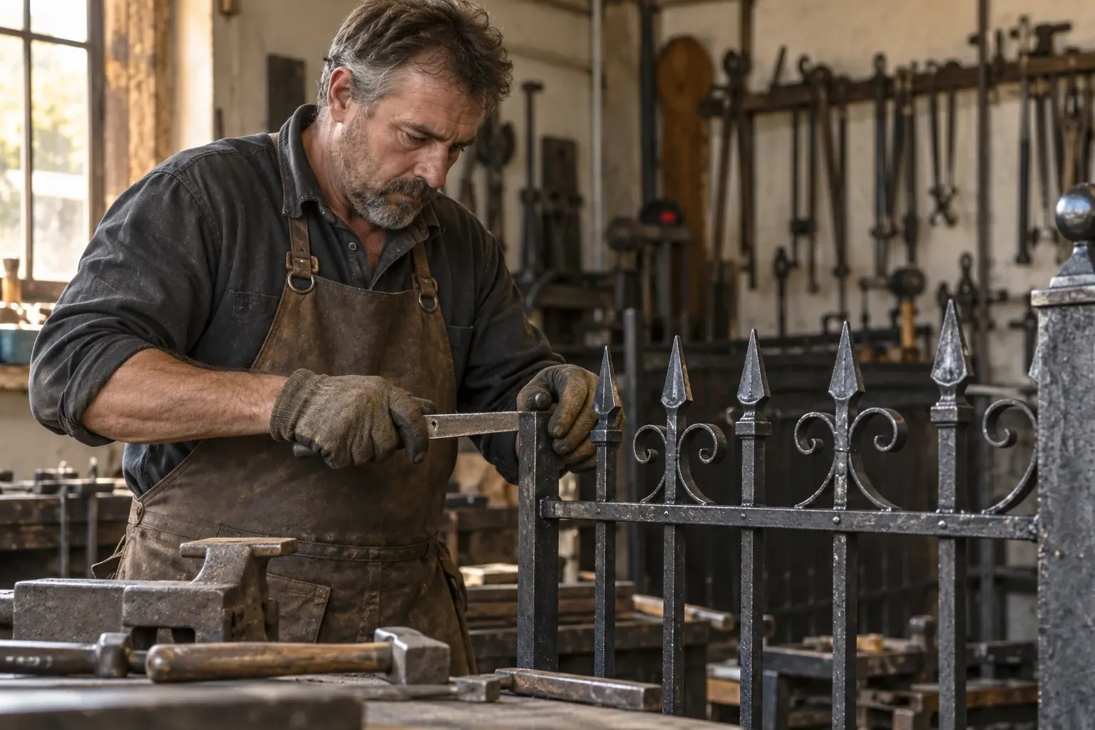A metalworker shaping a traditional iron fence