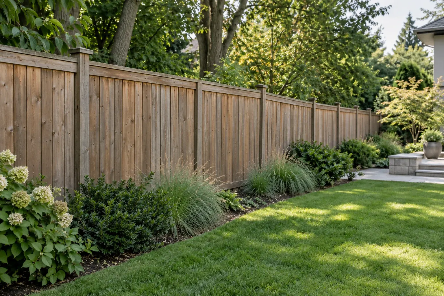 The same cedar fence with repaired boards and straightened post