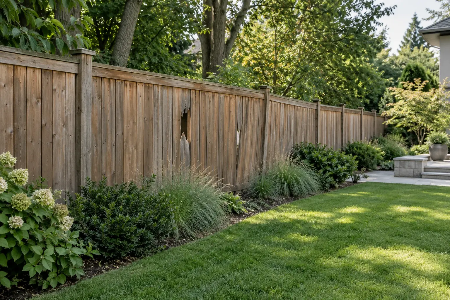 Cedar fence with damaged boards before repair